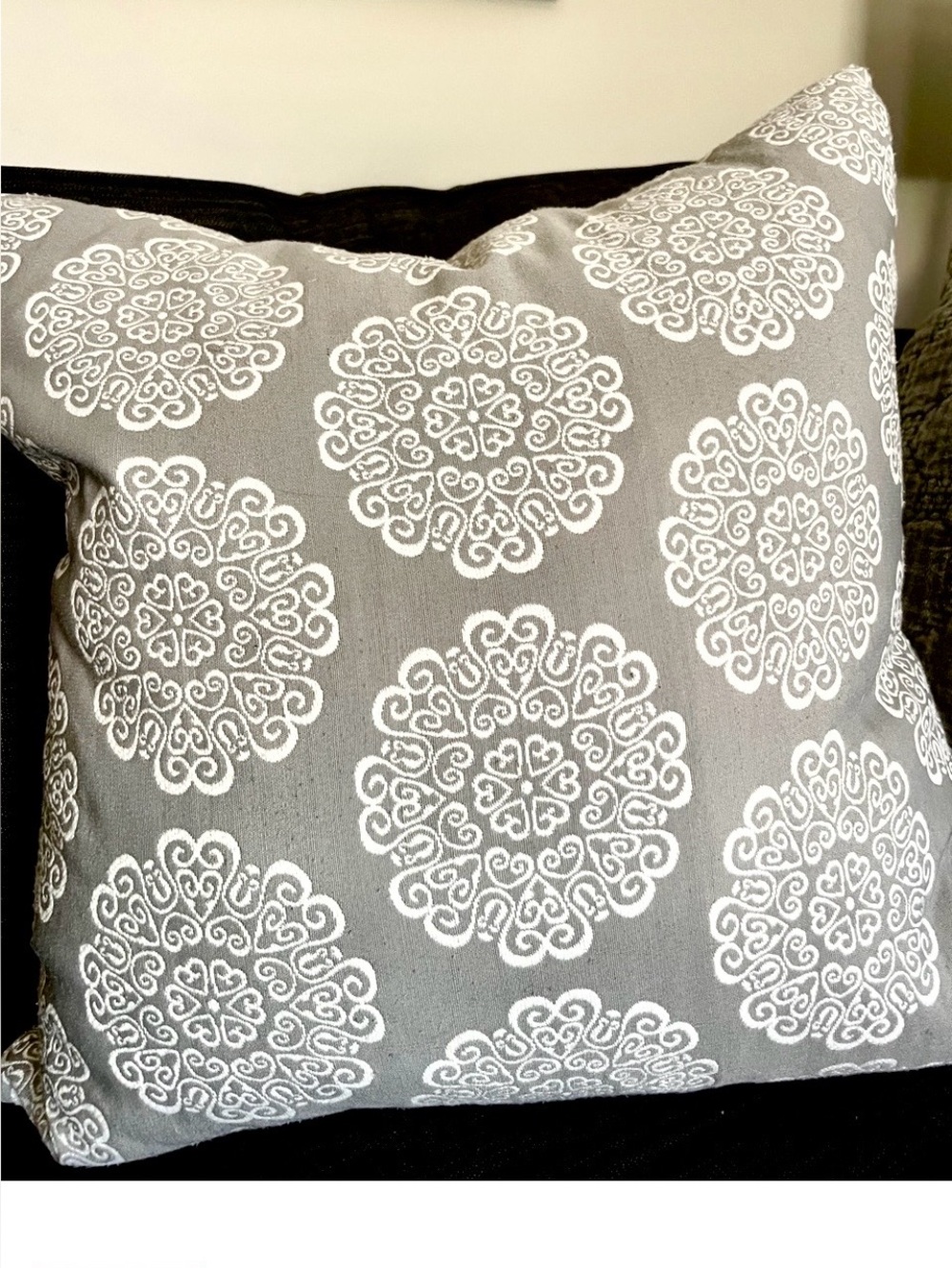 Gray Decorative Pillow with White Medallion Print